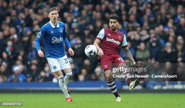 West Ham United's Lucas Paqueta and Everton's James Garner during the Premier League match between Everton FC and West Ham United at Goodison Park on...