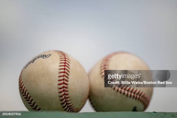 Balls are displayed during a Grapefruit League spring training game between the Boston Red Sox and the Tampa Bay Rays on March 5, 2024 at jetBlue...