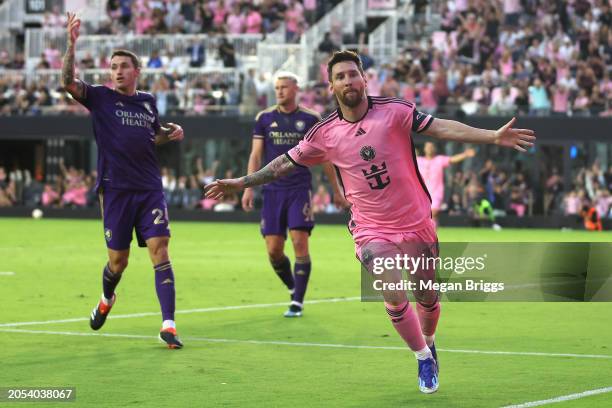 Lionel Messi of Inter Miami CF celebrates after scoring his second goal during the second half against the Orlando City SC at Chase Stadium on March...