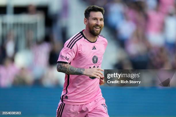 Lionel Messi of Inter Miami CF celebrates after scoring his second goal during the second half against the Orlando City SC at Chase Stadium on March...