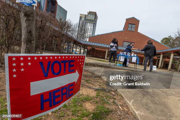 Person enters to vote on Super Tuesday at First Ward Creative Academy, Mecklenburg County Precinct 13 on March 5, 2024 in Charlotte, North Carolina....