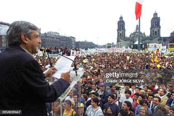 Andres Lopez Obrador of Party of Democratic Revolution speaks before his supporters 05 May 2000 in Mexico. Andres Lopez Obrador del Partido de la...