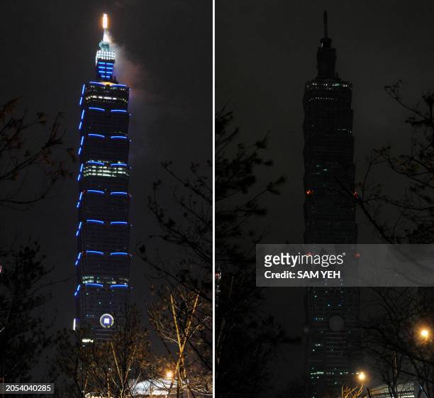 This combo shows the before and after views of the Taipei 101 building as Taipei marks "Earth Hour" on March 26, 2011. Australia's Opera House on...