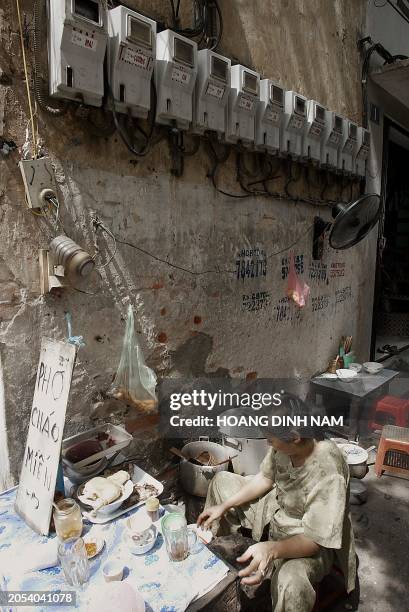 Food vendor selling chicken noodle under a row of electric meters in downtown Hanoi, 25 June 2004. Authorities from electric company committed not to...