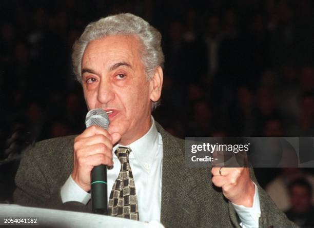 Hocine Ait Ahmed leader of the opposition Front of Socialist Forces speaks 05 February in Algiers to supporters after being chosen to run in the...