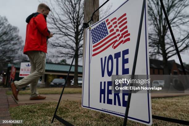 Voter enters a polling place to cast their ballot in the state's primary on March 5, 2024 in Mountain Brook, Alabama. 15 States and one U.S....