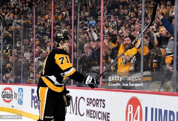 Evgeni Malkin of the Pittsburgh Penguins celebrates his first period goal against the Columbus Blue Jackets at PPG PAINTS Arena on March 5, 2024 in...