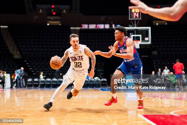 Gabe York of the G League Ignite handles the ball during the game against the Long Island Nets on March 5, 2024 at Nassau Coliseum in Uniondale, New...