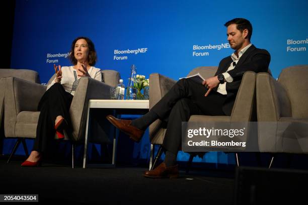 Lauren Riley, chief sustainability officer of United Airlines Holdings Inc., left, participates in a panel discussion during the Barrel of Tomorrow...