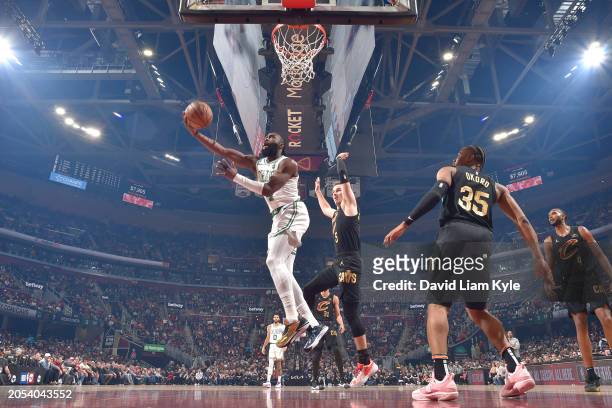Jaylen Brown of the Boston Celtics drives to the basket during the game against the Cleveland Cavaliers on March 5, 2024 at Rocket Mortgage...
