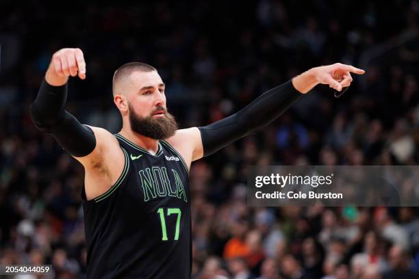 Jonas Valanciunas of the New Orleans Pelicans reacts against the Toronto Raptors during the first half of their NBA game at Scotiabank Arena on March...