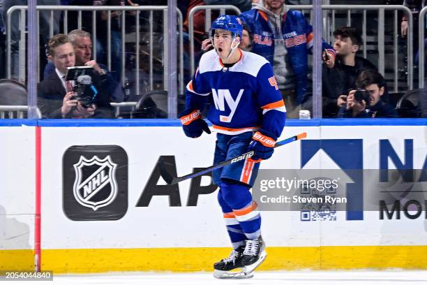 Jean-Gabriel Pageau of the New York Islanders celebrates after scoring a goal against the St. Louis Blues during the second period at UBS Arena on...