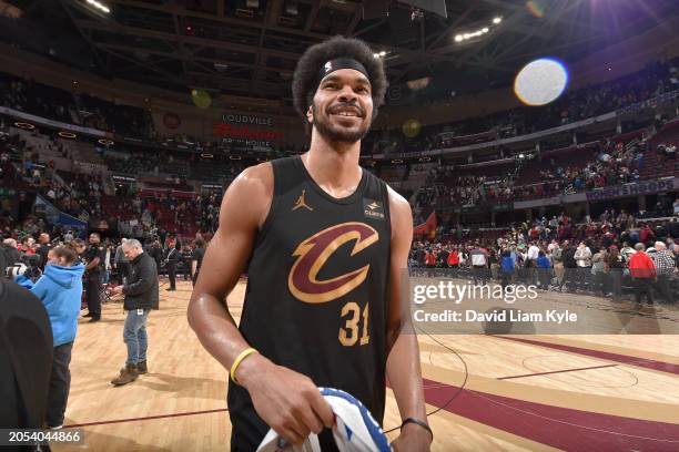 Jarrett Allen of the Cleveland Cavaliers smiles after the game against the Boston Celtics on March 5, 2024 at Rocket Mortgage FieldHouse in...