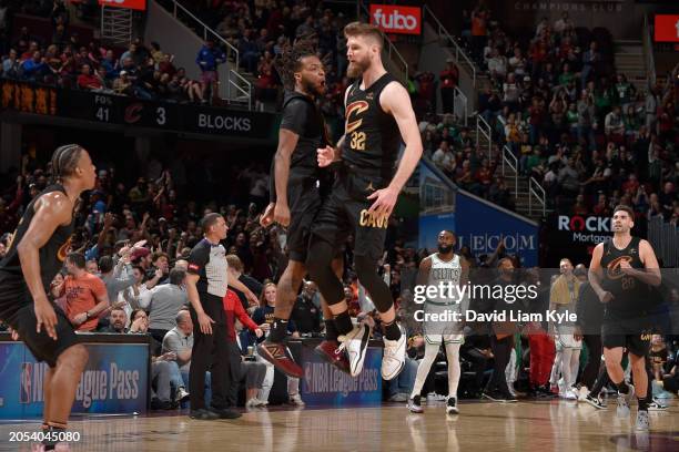 Dean Wade of the Cleveland Cavaliers celebrates during the game against the Boston Celtics on March 5, 2024 at Rocket Mortgage FieldHouse in...