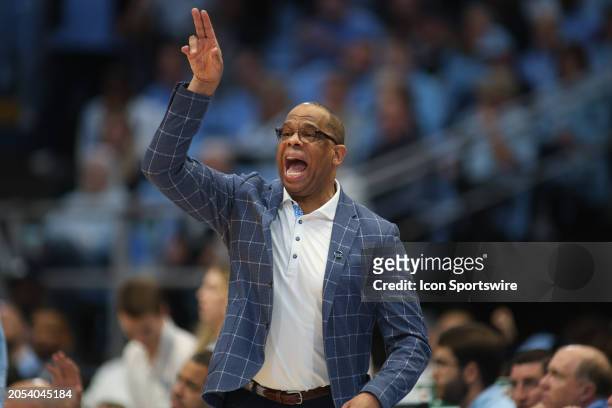 North Carolina Tar Heels head coach Hubert Davis calls out the play during the college basketball game between the North Carolina Tar Heels and the...