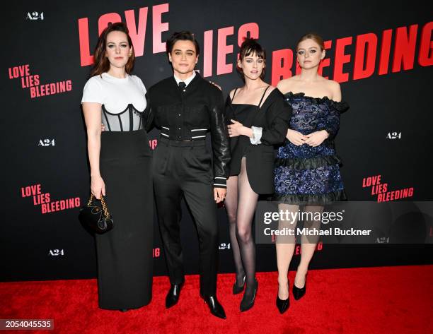 Jena Malone, Katy O'Brian, Kristen Stewart and Anna Baryshnikov at the "Love Lies Bleeding" Los Angeles premiere screening held at Fine Arts Theatre...