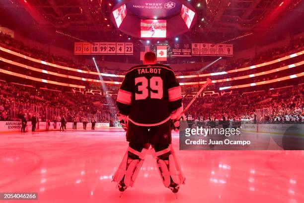 Cam Talbot of the Los Angeles Kings looks on during the Canadian National Anthem prior to the game against the Vancouver Canucks at Crypto.com Arena...