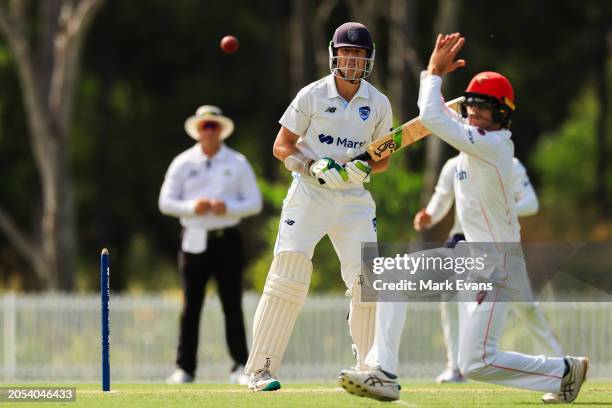 Daniel Hughes of New South Wales hits the ball just out of reach of Kyle Brazell of South Australia during the Sheffield Shield match between New...