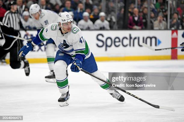 Vancouver Canucks Defenceman Noah Juulsen skates towards the play during a game between the Vancouver Canucks and the Los Angeles Kings on March 5th,...