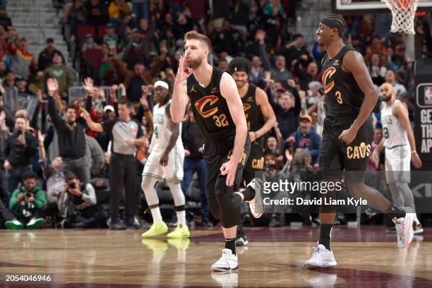 Dean Wade of the Cleveland Cavaliers celebrates during the game against the Boston Celtics on March 5, 2024 at Rocket Mortgage FieldHouse in...