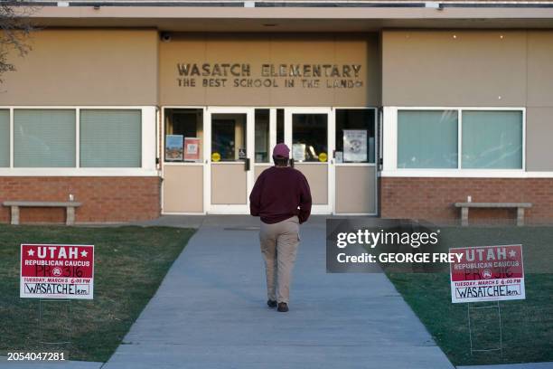 Voter walks into one of the Republican Caucasus at Wasatch Elementary school in Provo, Utah on Super Tuesday, March 5, 2024. Americans from 15 states...