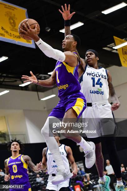 Shaquille Harrison of the South Bay Lakers goes to the basket during the game against the Iowa Wolves during the game against the Iowa Wolves on...