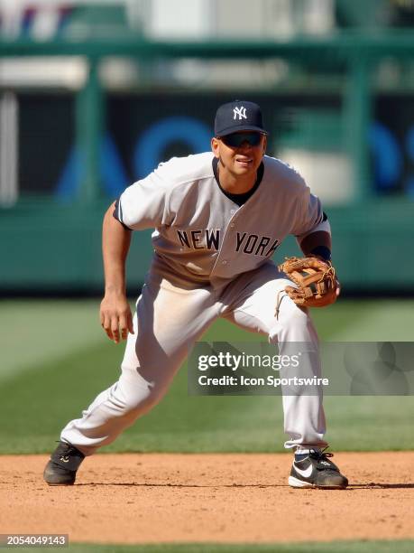 New York Yankees third baseman Alex Rodriguez in action during an MLB baseball game against the Los Angeles Angels of Anaheim played on April 9, 2006...