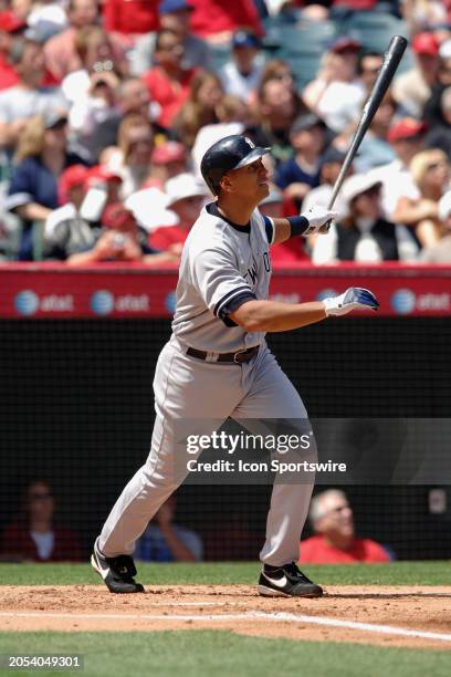 New York Yankees third baseman Alex Rodriguez during an at bat in an MLB baseball game against the Los Angeles Angels of Anaheim played on April 9,...