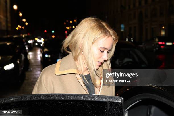 Stacey Martin leaves the Louis Vuitton after party on March 5, 2024 in Paris, France.