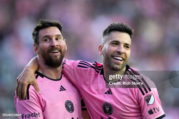 Lionel Messi of Inter Miami CF celebrates with Jordi Alba after scoring a goal during the second half against the Orlando City SC at Chase Stadium on...