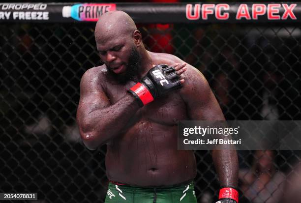 Jairzinho Rozenstruik of Suriname reacts after his victory against Shamil Gaziev of Russia in a heavyweight bout during the UFC Fight Night event at...