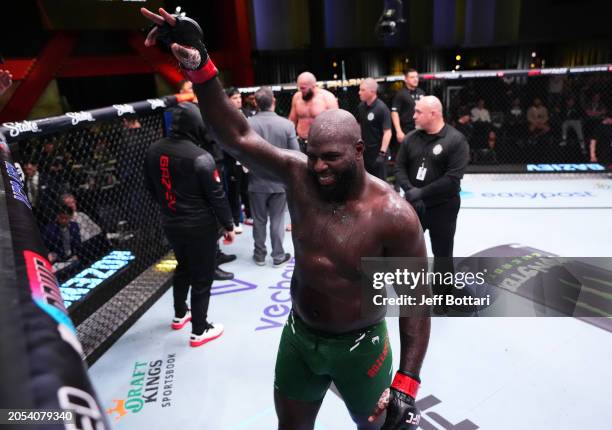 Jairzinho Rozenstruik of Suriname reacts after his victory against Shamil Gaziev of Russia in a heavyweight bout during the UFC Fight Night event at...