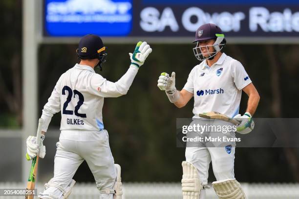 Daniel Hughes of New South Wales is congratulated by Matthew Gilkes of New South Wales after reaching a century during the Sheffield Shield match...