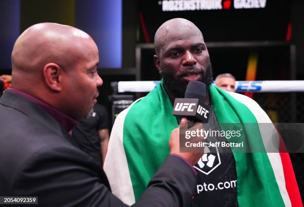 Jairzinho Rozenstruik of Suriname reacts after his victory against Shamil Gaziev of Russia in a heavyweight bout during the UFC Fight Night event at...