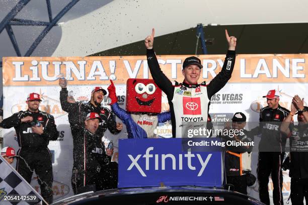 John Hunter Nemechek, driver of the Safeway/Albertsons Toyota, celebrates in victory lane after winning the NASCAR Xfinity Series The LiUNA! at Las...