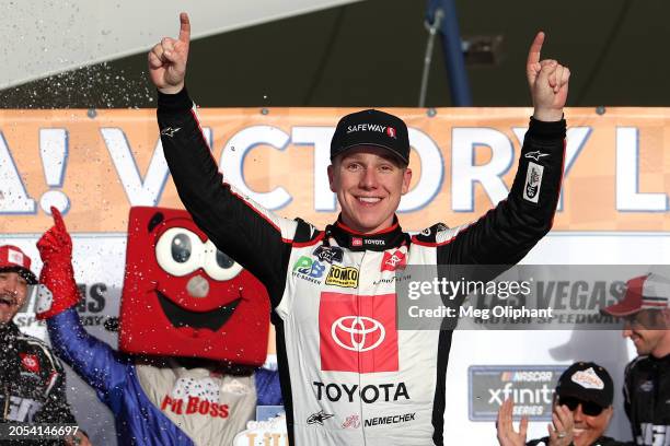 John Hunter Nemechek, driver of the Safeway/Albertsons Toyota, celebrates in victory lane after winning the NASCAR Xfinity Series The LiUNA! at Las...