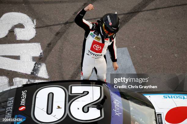 John Hunter Nemechek, driver of the Safeway/Albertsons Toyota, celebrates after winning the NASCAR Xfinity Series The LiUNA! at Las Vegas Motor...