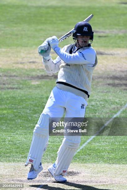 Nic Maddinson of the Bushrangers bats during the Sheffield Shield match between Tasmania and Victoria at Blundstone Arena, on March 03 in Hobart,...