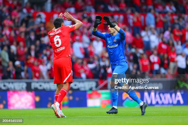 Tiago Volpi of Toluca celebrates after scoring the team's second goal during the 10th round match between Toluca and Tigres UANL as part of the...