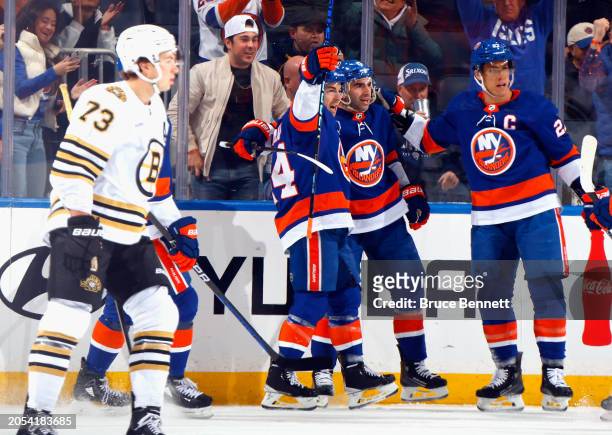 Kyle Palmieri of the New York Islanders celebrates his goal against the Boston Bruins at 3:32 of the first period at UBS Arena on March 02, 2024 in...