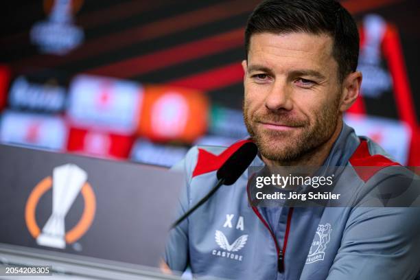 Head coach Xabi Alonso of Bayer 04 Leverkusen attends the UEFA Europa League 2023/24 round of 16 first leg training and press conference on March 6,...