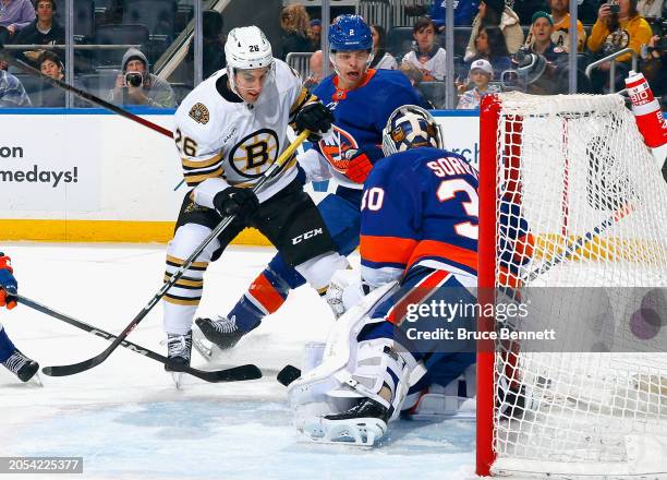 Marc McLaughlin of the Boston Bruins skates in his first game of the season for the team against the New York Islanders at UBS Arena on March 02,...