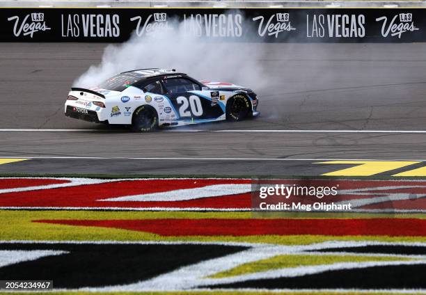 John Hunter Nemechek, driver of the Safeway/Albertsons Toyota, celebrates with a burnout after winning the NASCAR Xfinity Series The LiUNA! at Las...