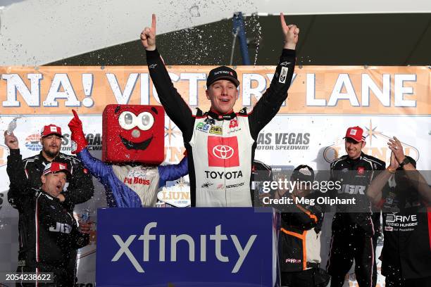 John Hunter Nemechek, driver of the Safeway/Albertsons Toyota, celebrates in victory lane after winning the NASCAR Xfinity Series The LiUNA! at Las...