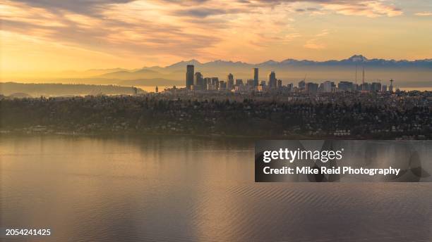 aerial seattle skyline and capitol hill above lake washington - lake washington stock pictures, royalty-free photos & images