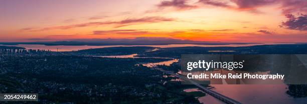 aerial seattle and capitol hill sunset panorama - lake washington stock pictures, royalty-free photos & images