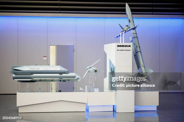 March 2024, Bavaria, Schrobenhausen: The Brimstone precision guided missile and an MBDA Meteor air-to-air missile can be seen in a showroom at the...