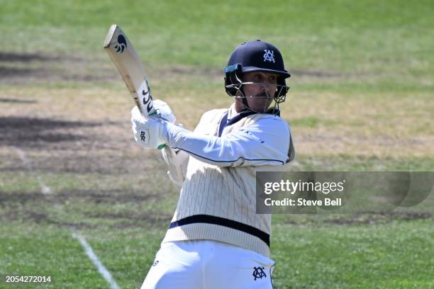 Nic Maddinson of the Bushrangers bats during the Sheffield Shield match between Tasmania and Victoria at Blundstone Arena, on March 03 in Hobart,...