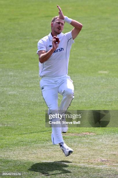 Riley Meredith of the Tigers bowls during the Sheffield Shield match between Tasmania and Victoria at Blundstone Arena, on March 03 in Hobart,...