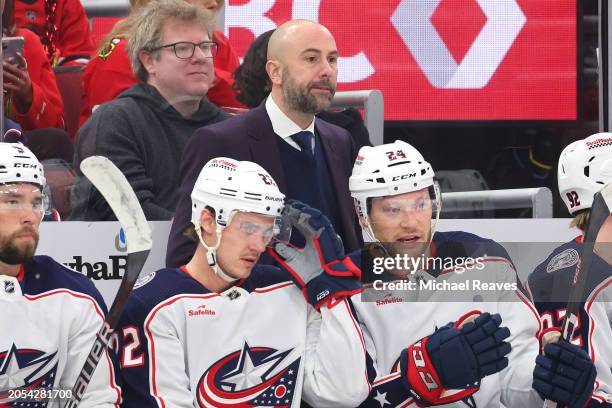 Head coach Pascal Vincent of the Columbus Blue Jackets looks on against the Chicago Blackhawks during the first period at the United Center on March...